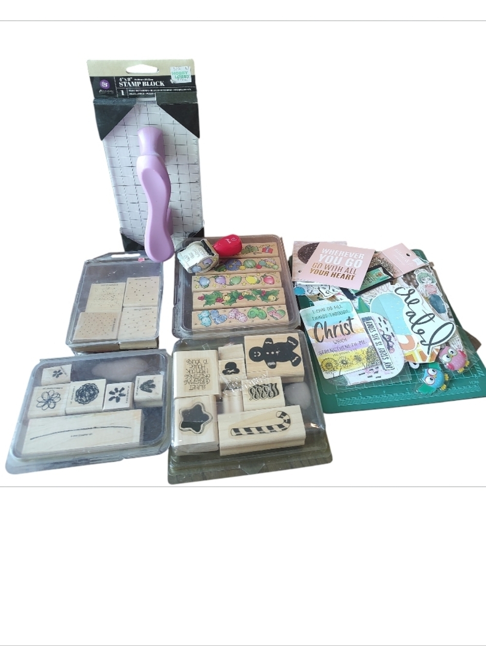 Assorted Craft Paper Cut Outs, Rubber Stamps and Tools